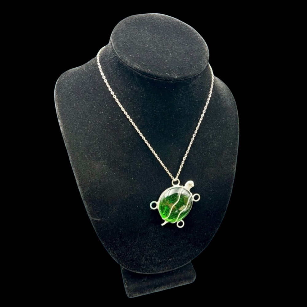 Green Glass Turtle Pendant Encased in Silver Necklace 16”